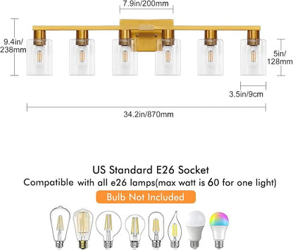 6 Light Bathroom Light Fixtures, Large Gold Bathroom Vanity Light with Clear Glass Shade, Brushed Brass Gold Bathroom Lighting Fixtures Over Mirror, Modern Wall Scones for Bedroom Living Room