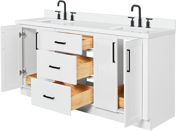ARIEL Loren 72-inch Bathroom Vanity with Sink,Solid Wood, 1.5-inch Pure White Quartz Countertop, Double Rectangular Porcelain Sink, 4 Soft Closing Doors, 3 Dovetail Drawers, White