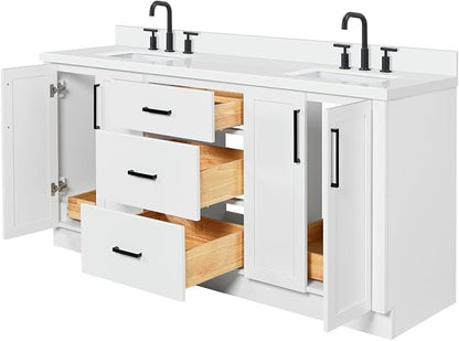 ARIEL Loren 72-inch Bathroom Vanity with Sink,Solid Wood, 1.5-inch Pure White Quartz Countertop, Double Rectangular Porcelain Sink, 4 Soft Closing Doors, 3 Dovetail Drawers, White