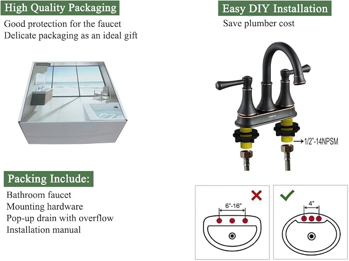 Oil Rubbed Bronze 2 Handle Centerset Bathroom Sink Faucet with Pop up Drain | TimeArrow Modern 4 Inch Bathroom Faucet, Vanity Lavatory Faucet 3 Holes with 360° Swivel Stainless Steel Spout, TAF067Y-ORB