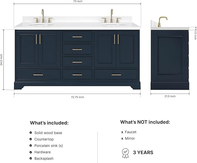 ARIEL Stafford 72-inch Bathroom Vanity with Sink,Solid Wood, 1.5-inch Pure White Quartz Countertop & Backsplash, Double Oval Porcelain Sink, 4 Soft Closing Doors, 6 Dovetail Drawers, Midnight Blue
