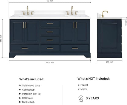 ARIEL Stafford 72-inch Bathroom Vanity with Sink,Solid Wood, 1.5-inch Pure White Quartz Countertop & Backsplash, Double Oval Porcelain Sink, 4 Soft Closing Doors, 6 Dovetail Drawers, Midnight Blue