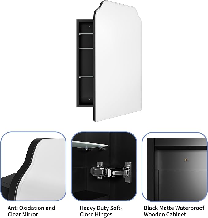 AGDULL Recessed Medicine Cabinet with Arched Mirror, Overall 17.5"x29" | Bathroom Wood Black Wall Cabinet with Mirror, Soft-Closed Hinges, Fully Assembled, Surface Mount Option, Right-Swing Door