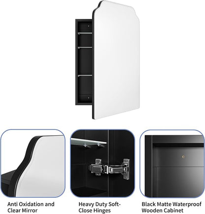AGDULL Recessed Medicine Cabinet with Arched Mirror, Overall 17.5"x29" | Bathroom Wood Black Wall Cabinet with Mirror, Soft-Closed Hinges, Fully Assembled, Surface Mount Option, Right-Swing Door