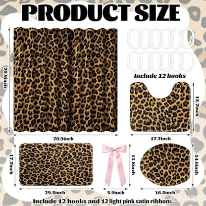 AnyDesign 28 Pcs Leopard Shower Curtain Set with Non-Slip Bath Mat U-Shaped Rug Toilet Lid Cover Cheetah Print Shower Curtain with Hooks and Pink Ribbons for Bathroom Accessories & Decor