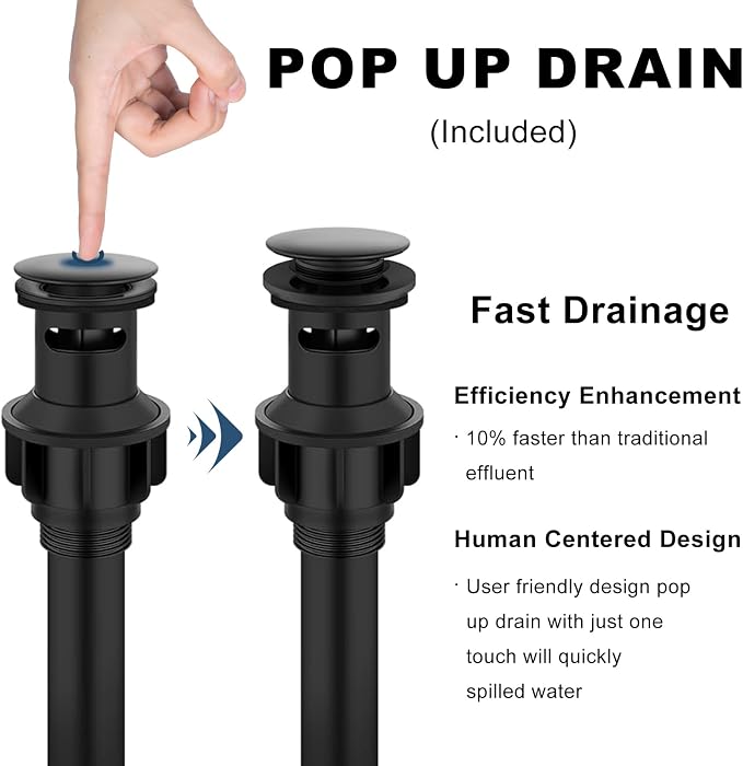 Matte Black Bathroom Faucet, Stainless Steel Single Handle Faucet with Pop Up Drain & Deck Plate, Fits 1 or 3 Hole Countertop, Single Hole Bathroom Installation, Ideal for Vanity & Lavatory Sinks