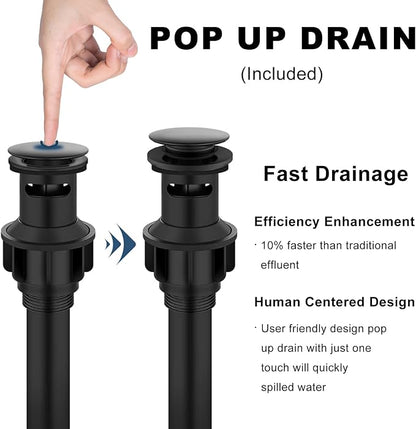 Matte Black Bathroom Faucet, Stainless Steel Single Handle Faucet with Pop Up Drain & Deck Plate, Fits 1 or 3 Hole Countertop, Single Hole Bathroom Installation, Ideal for Vanity & Lavatory Sinks