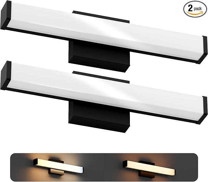 18 Inch Bathroom Vanity Light Fixtures with Night Light: Long Square Wall Mounted LED Lighting Bar Over Mirror with 5CCT & 2200K Color Changing, 120V, 780-900lm, ETL, Matte Black, 2 Packs