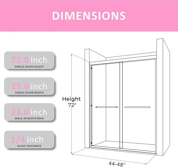 Semi-Frameless Glass Shower Door 44-48'' W x 72'' H with 4'' Adjustable Rail, Bathroom Double Sliding Door with 1/4'' Clear Tempered Glass,Brushed Nickel 304 Stainless Steel Hardware