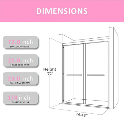 Semi-Frameless Glass Shower Door 44-48'' W x 72'' H with 4'' Adjustable Rail, Bathroom Double Sliding Door with 1/4'' Clear Tempered Glass,Brushed Nickel 304 Stainless Steel Hardware