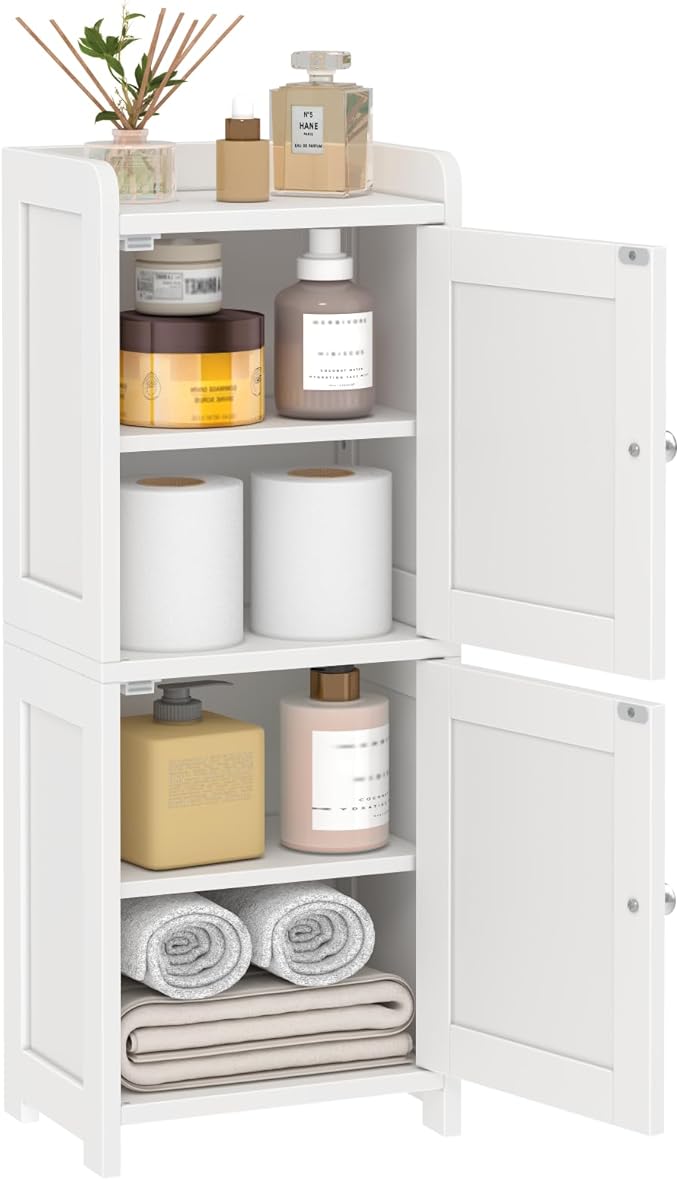 Small Bathroom Storage Cabinet, 30" Tall Freestanding Corner Floor Cabinet with 2 Doors & 5 Shelves (2 Adjustable), Narrow Toilet Paper Holder Organizer for Small Spaces, White