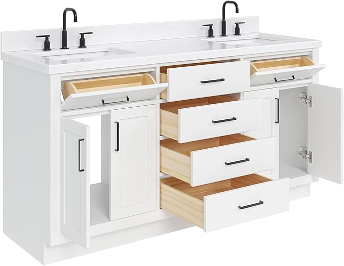 DKB Isabella 66" White Double Bathroom Vanity with 1.5" Carrara Quartz Countertop, Double Rectangular Undermount Sinks, 4 Soft Closing Doors, 6 Dovetail Drawers