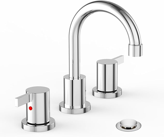 Phiestina Widespread 3 Hole Bathroom Sink Faucet, 8 Inch Chrome Finish, Modern Vanity Faucet with Metal Pop Up Drain, WF015-1-C