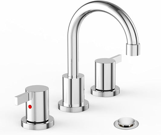 Phiestina Widespread 3 Hole Bathroom Sink Faucet, 8 Inch Chrome Finish, Modern Vanity Faucet with Metal Pop Up Drain, WF015-1-C