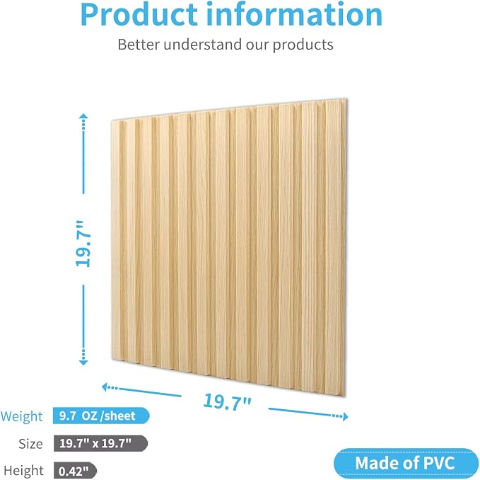 Art3d 3D Fluted Textured Slat Wall Panels, 19.7 x 19.7 in, 12-Pack, Oak | PVC, Waterproof, Scratch Proof, Wipeable, Break-Proof, Ideal for Home, Office and Commercial Spaces