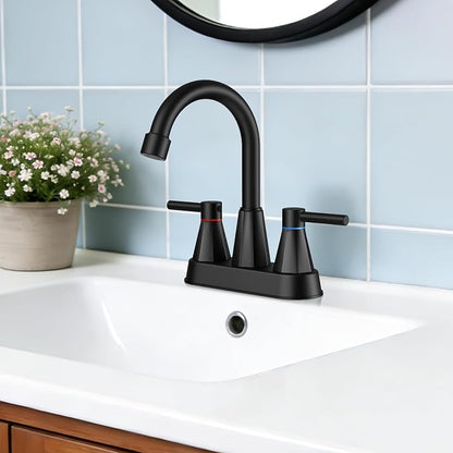 Matte Black Bathroom Sink Faucet, 2-Handle 4-inch Centerset Faucet | Lead-free stainless steel, pop-up drain included, Detachable faucet aerator, 360°swivel spout, for vanity sink 3-hole mount