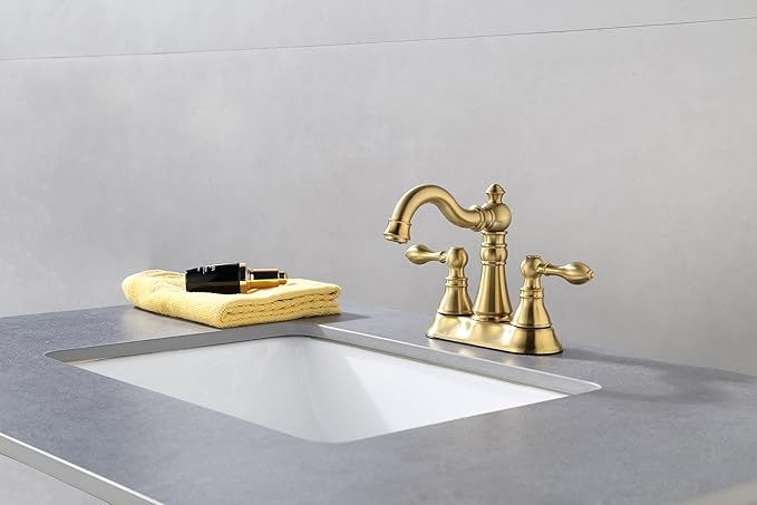 Two Handle Brushed Gold Bathroom Faucet 3 Hole with Plastic Overflow Pop-Up Drain,Swivel Spout Bathroom Sink Faucet 4 Inch Centerset,Meets cUPC NSF 61-9 AB1953,F-0048-BG