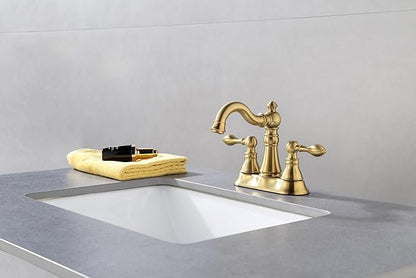 Two Handle Brushed Gold Bathroom Faucet 3 Hole with Plastic Overflow Pop-Up Drain,Swivel Spout Bathroom Sink Faucet 4 Inch Centerset,Meets cUPC NSF 61-9 AB1953,F-0048-BG
