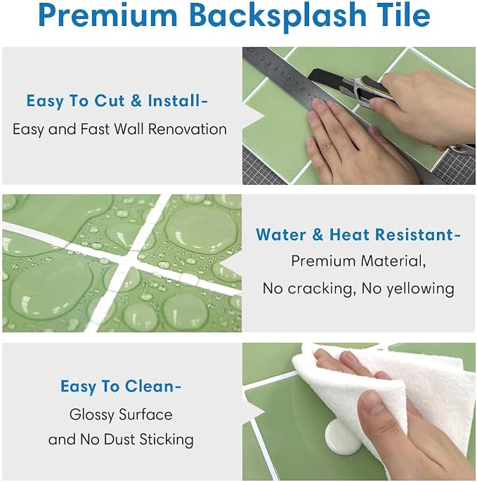 Thicker 3D Peel and Stick Backsplash Tiles, 10 Pcs 12" x 12" | Green, Glossy Self Adhesive Vinyl Backsplash Wall Sticker for Kitchen Bathroom DIY Wall Makeover, Cover 10 sq ft，Removable