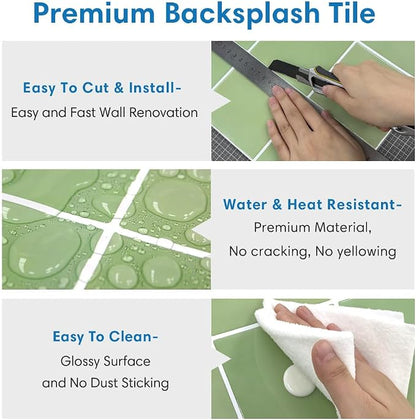 Thicker 3D Peel and Stick Backsplash Tiles, 10 Pcs 12" x 12" | Green, Glossy Self Adhesive Vinyl Backsplash Wall Sticker for Kitchen Bathroom DIY Wall Makeover, Cover 10 sq ft，Removable
