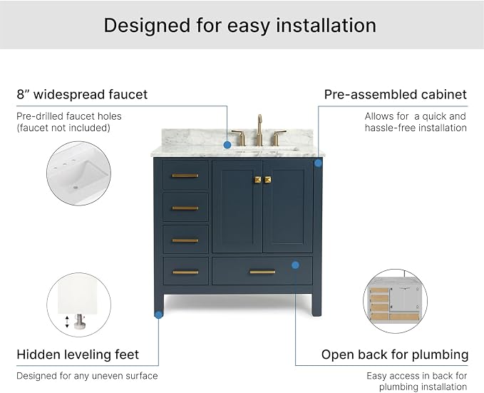 ARIEL Cambridge 36-inch Bathroom Vanity with Sink,Solid Wood, 0.75-inch Italian Carrara Marble Countertop, Single Rectangular Porcelain Sink, 2 Soft Closing Doors, 5 Dovetail Drawers, Midnight Blue