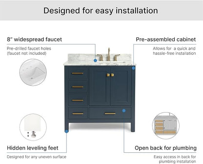 ARIEL Cambridge 36-inch Bathroom Vanity with Sink,Solid Wood, 0.75-inch Italian Carrara Marble Countertop, Single Rectangular Porcelain Sink, 2 Soft Closing Doors, 5 Dovetail Drawers, Midnight Blue