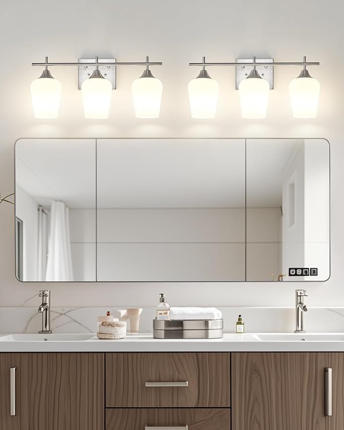 3 Light Bathroom Light Fixtures Over Mirror, 21 Inch Brushed Nickel Bathroom Vanity Lights, Modern Bath Wall Sconces with Frosted Glass Shade, OS-YQ9167-3BNW
