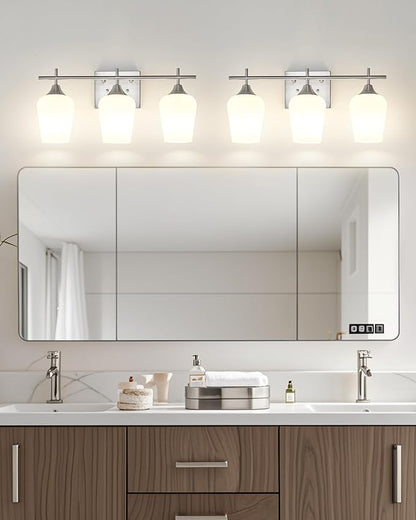 3 Light Bathroom Light Fixtures Over Mirror, 21 Inch Brushed Nickel Bathroom Vanity Lights, Modern Bath Wall Sconces with Frosted Glass Shade, OS-YQ9167-3BNW