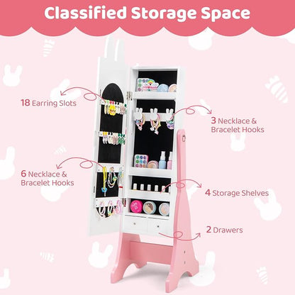 CHARMAID Kids Mirror Jewelry Cabinet - 45" Standing Jewelry Armoire with Full Length Mirror, Bunny Shaped Vanity Dressing Mirror for Girls, Kids Jewelry Organizer with Storage Drawers (White)