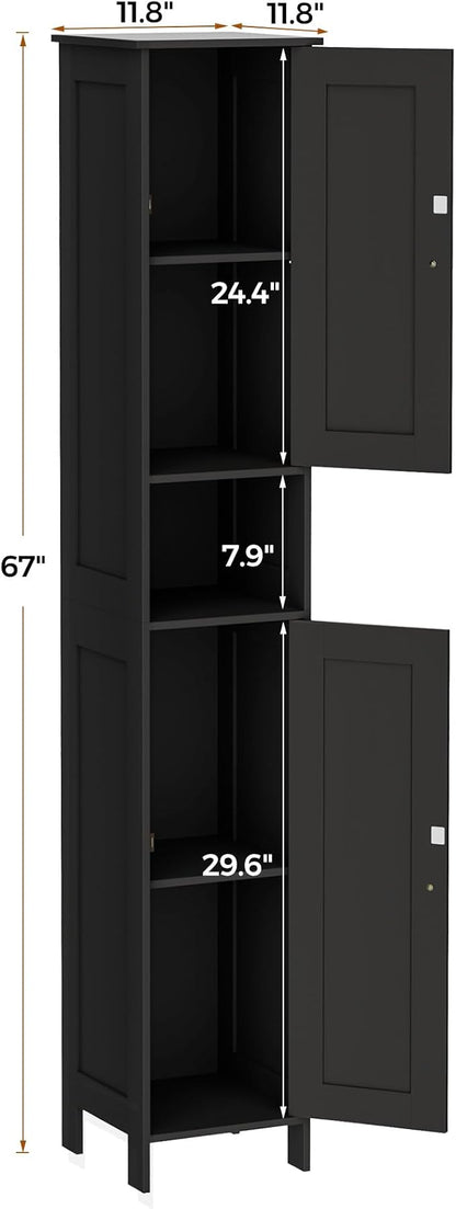 Tall Bathroom Storage Cabinet with 2 Doors, 67"H Narrow Storage Cabinet with Adjustable Shelves& Anti-Tip Design, Reversible Door Installation, Easy Assembly, 11.8 x 11.8 x 66.9 Inches, Black