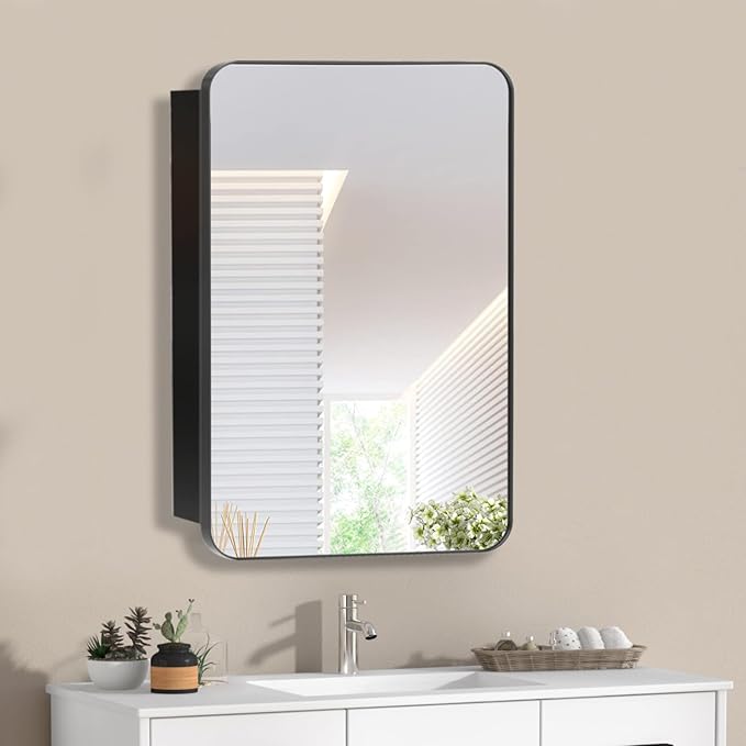 Medicine Cabinet with Mirror, 20x26 Inch Black Bathroom Mirrored Cabinet, Metal Framed Wall Cabinet with Mirror, Modern Surface Mount or Recessed Medicine Cabinet with Storage