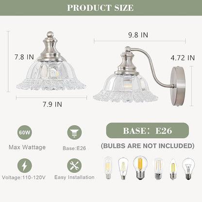 Vintage Wall Sconce Light, Brushed Nickel Bathroom Sconces Wall Lighting, Antique Wall Light Fixture with Clear Flower Glass Shades, Indoor Wall Sconces for Living Room Bedroom, 1-Light Wall Lamp
