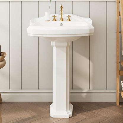 Pedestal Sink Vintage Square Basin with 8 inch 3-Hole Faucet Layout, Traditional Bathroom Sink for Home Vanity Upgrades, Classic Pedestal Design for Bathroom Renovation