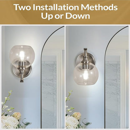 Brushed Nickel Bathroom Light Fixtures, 1-Light Vanity Lights, Modern Bathroom Wall Sconces Lighting with Globe Clear Glass Shade Up or Down Wall Mounted for Kitchen, Living Room, Hallway