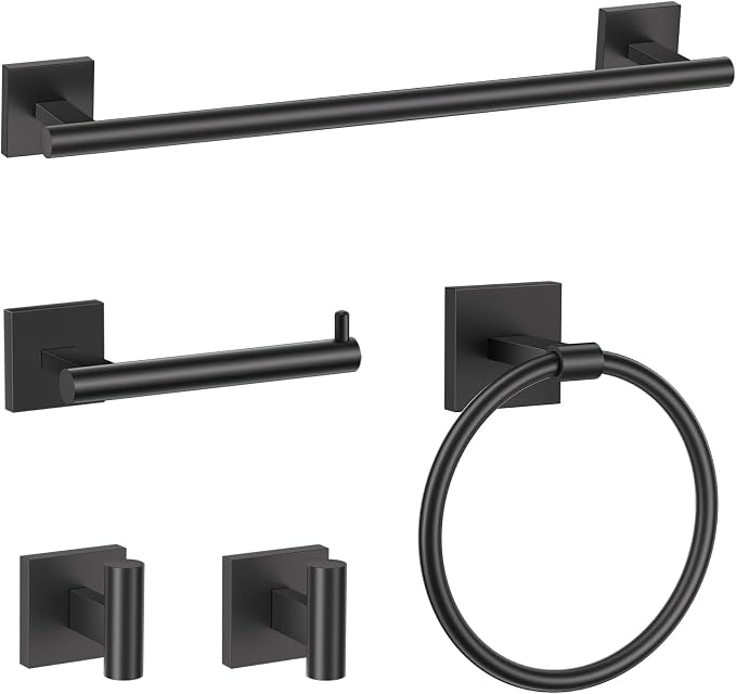 TURS 5-Pieces Matte Black Bathroom Hardware Set 23.6 Inch SUS304 Stainless Steel Towel Bar Set Wall Mounted Bathroom Accessories Set