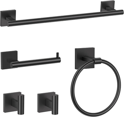 TURS 5-Pieces Matte Black Bathroom Hardware Set 23.6 Inch SUS304 Stainless Steel Towel Bar Set Wall Mounted Bathroom Accessories Set