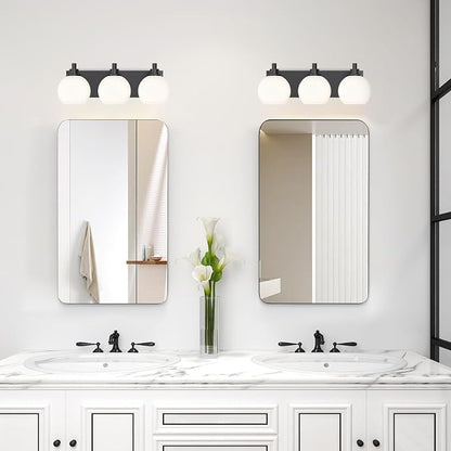 IZORRO Bathroom Light Fixtures, 3-Light Matte Black Vanity Light, Modern Wall Sconces with Globe Milk White Glass Shade, Vanity Lighting Fixtures Over Mirror,E26 Bulb Socket
