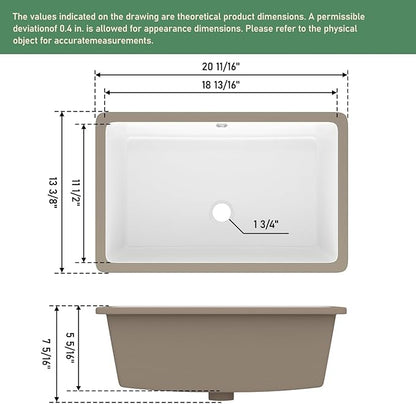 Undermout Bathroom Sink 21" x 13" Bathroom Vanity Sinks Undermount Rectangle White Ceramic Vanity Vessel Sinks with Overflow