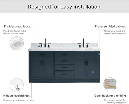 ARIEL Hepburn 72-inch Bathroom Vanity with Sink,Solid Wood, 1.5-inch Italian Carrara Marble Countertop, Double Oval Porcelain Sink, 4 Soft Closing Doors, 6 Dovetail Drawers, Midnight Blue