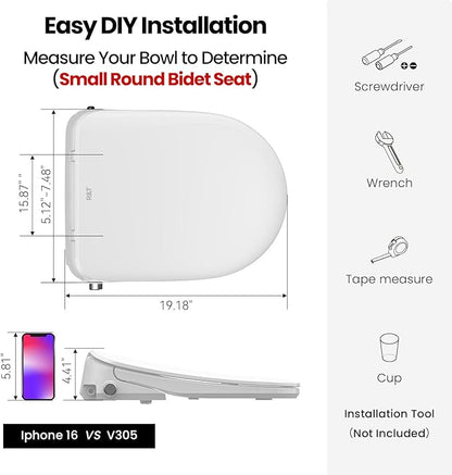 R&T Electric Bidet Seat for Small Round Toilet, Adjustable Warm Water, Air Dryer, Heated Seat, Night Light, Deodorization V305-2