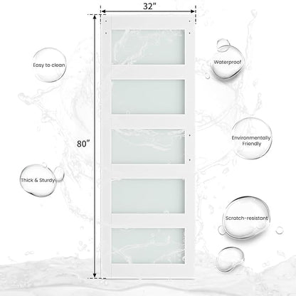 SMARTSTANDARD 32 x 80 in Glass Barn Door with 6FT Sliding Hardware Kit | Pre-Drilled Ready to Assemble, Waterproof PVC Coating, White, 5-Panel Glass