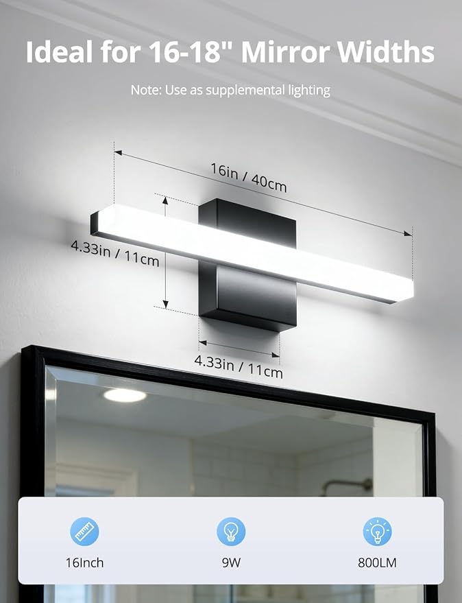 Combuh LED Bathroom Light Fixtures Over Mirror, 16 Inch 9W Black Vanity Light Bar for Bathroom, IP44 Modern Bath Wall Lighting Fixture Indoor Cool White 6000K