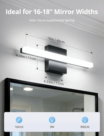 Combuh LED Bathroom Light Fixtures Over Mirror, 16 Inch 9W Black Vanity Light Bar for Bathroom, IP44 Modern Bath Wall Lighting Fixture Indoor Cool White 6000K