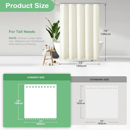 Long Boho Farmhouse Shower Curtain Tufted Geometric 72"x78" Cream | 78 Inch Tall, Elegant Tassel, Lightweight Textured Fabric, Water Repellent, Washable, Hotel Spa, for Bathroom/Dorm 12 Hooks