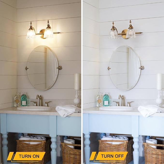 Brass Vanity Light, Vintage Brushed Gold Bathroom Light Fixtures, 2 Light Bathroom Vanity Lights, Flower Glass Shade Wall Sconce Lighting