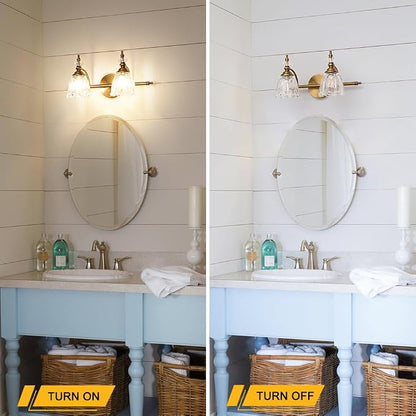 Brass Vanity Light, Vintage Brushed Gold Bathroom Light Fixtures, 2 Light Bathroom Vanity Lights, Flower Glass Shade Wall Sconce Lighting