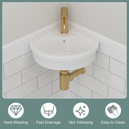 Triangle Corner Wall Mount Sink | Beslend 16"x15" Inch White Ceramic Vessel Sink, Triangle Corner Art Basin with Single Hole，Small Space-Saving Bathroom Sinks