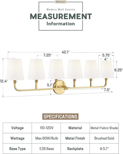 6-Light Brushed Gold Bathroom Vanity Light, White Fabric Shades | Ideal for 48-64" mirrors, 42" bathroom light fixtures over mirror, upward only, E26 base, bulbs not included, VL837-BG-6