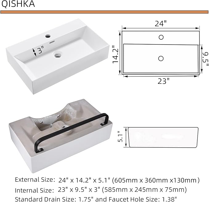 Wall Mount Rectangular Vessel Sink with Towel Rack, QISHKA 24"x14" Modern Ceramic Bathroom Floating Sink, White Rectangle Vanity Sink with Overflow, Wall Hung Wash Hand Basin
