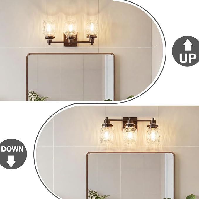 3 Light Bathroom Vanity Light Fixtures Farmhouse Oil Rubbed Bronze | ETL Certificate, Easy to Install,Wall Mount Up or Down,Hammered Glass Lampshade,E26 Socket,Hardwired,120V